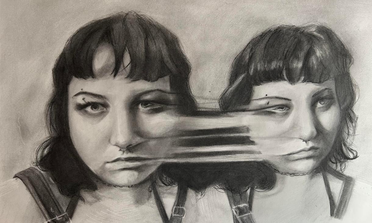 A drawing of merging faces created by Katelyn Browett, an undergraduate in Illustration at CCAD.