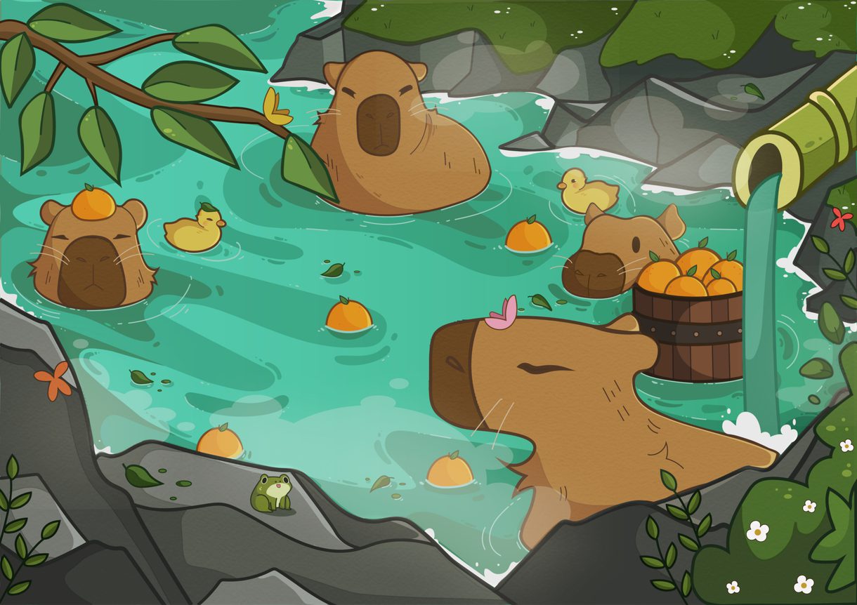 A digital illustration of capybaras in their natural habitat created by Kylie Egger, an undergraduate in Game Art and Design at CCAD.