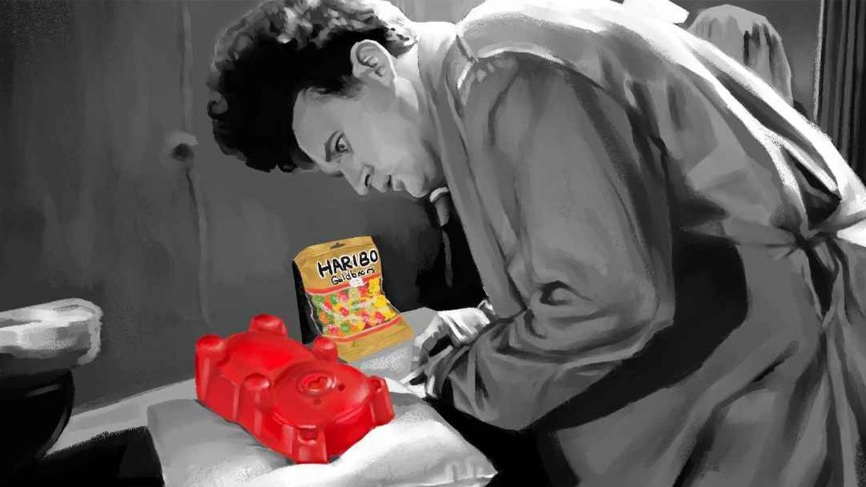 Stylized black-and-white illustration of a man intensely examining a large red gummy bear placed on a pillow created by Olivia Liberti, an undergraduate in Illustration at CCAD.