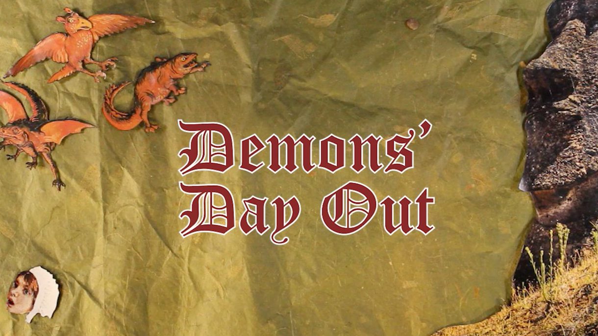 Cover still for "Demon's Day Out" by a Columbus College of Art & Design Animation student, featuring orange dragons, a woman’s face, and a sculpted figure in opposite corners.