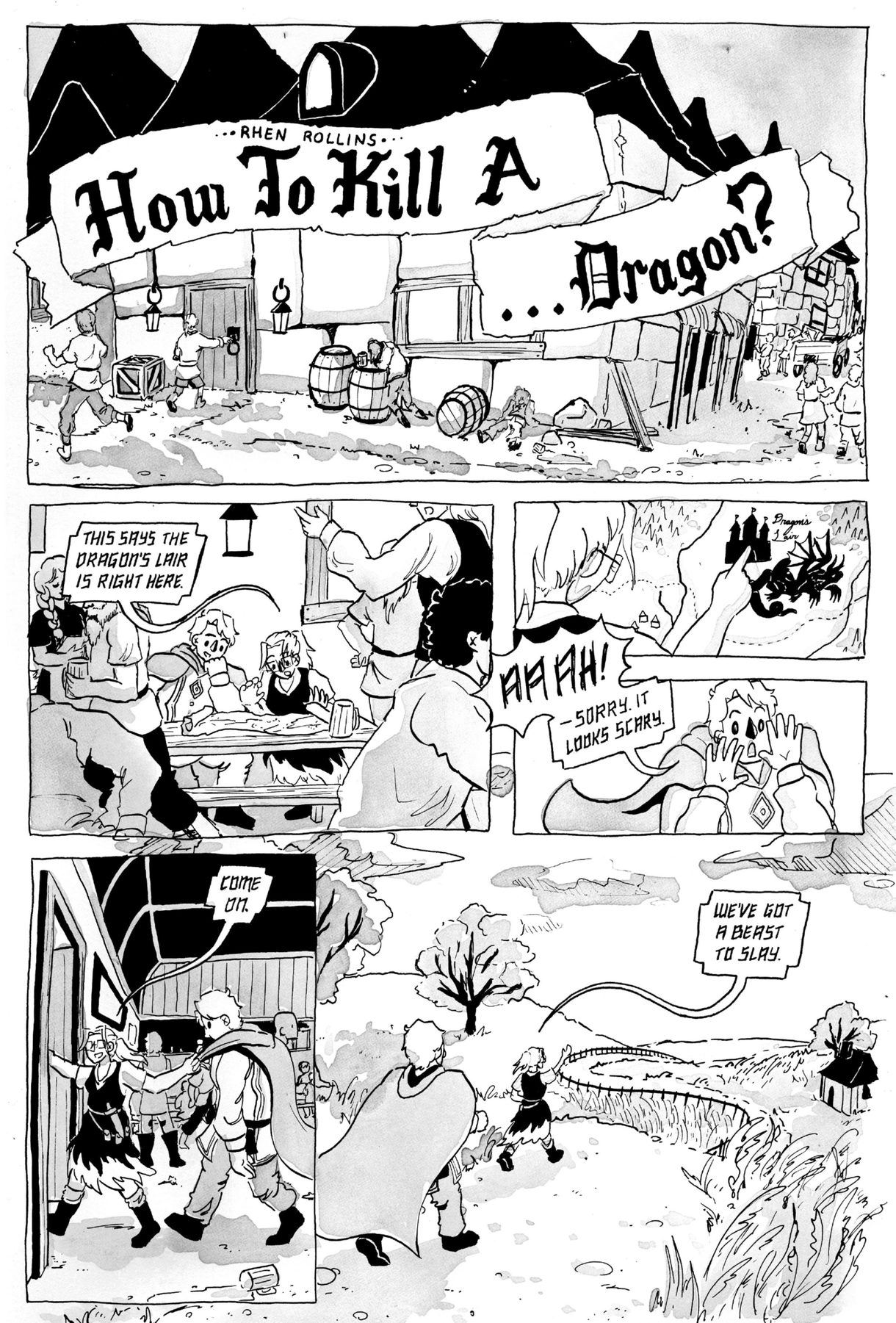 A black and white illustrative comic strip created by Rhen Rollins, an undergraduate in Comics and Narrative Practice at CCAD.