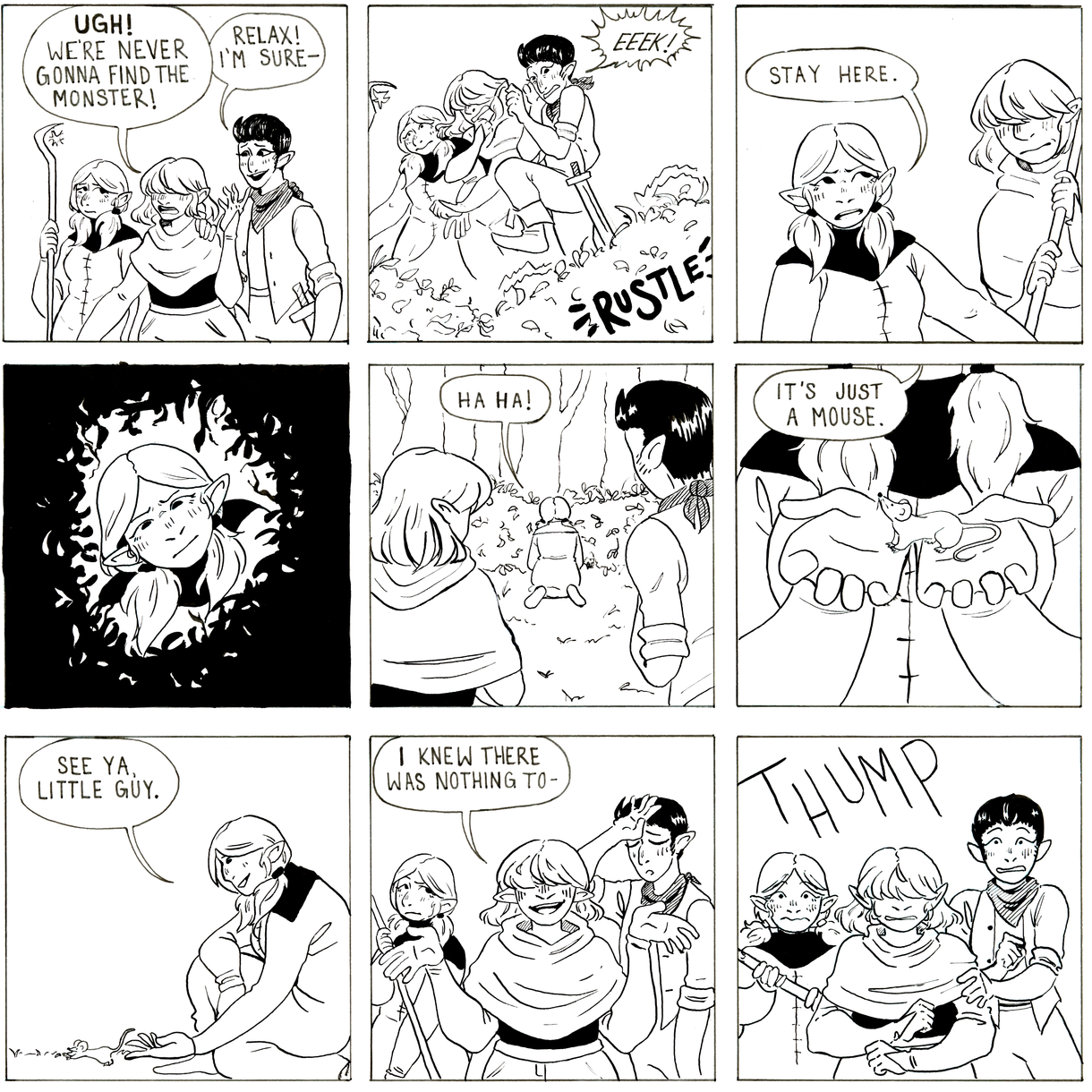 A black and white ink comic strip created by Ruby Paterson, an undergraduate in Comics and Narrative Practice at CCAD.