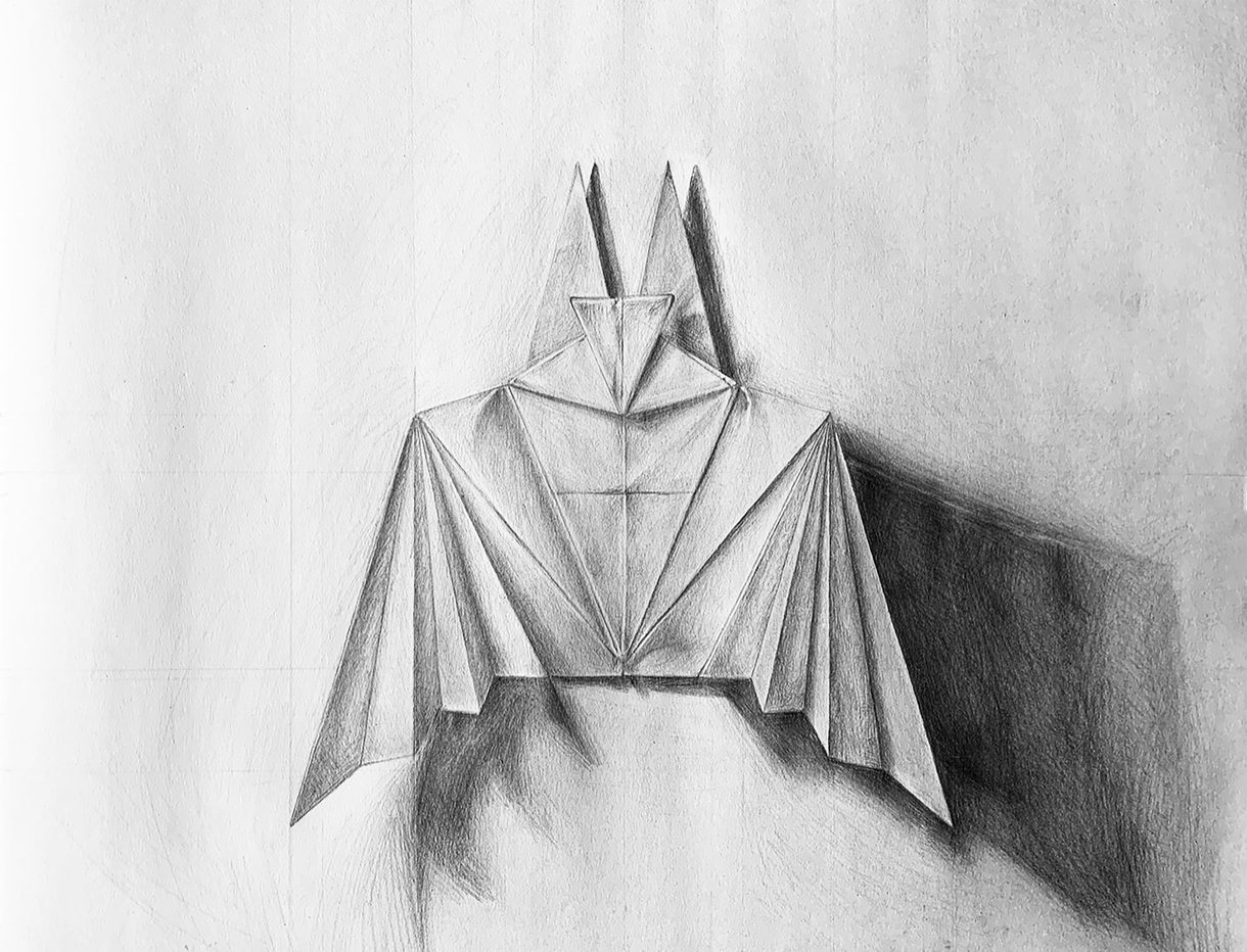 A drawing of an origami insect created by Xiera Younce, an undergraduate in Illustration at CCAD.