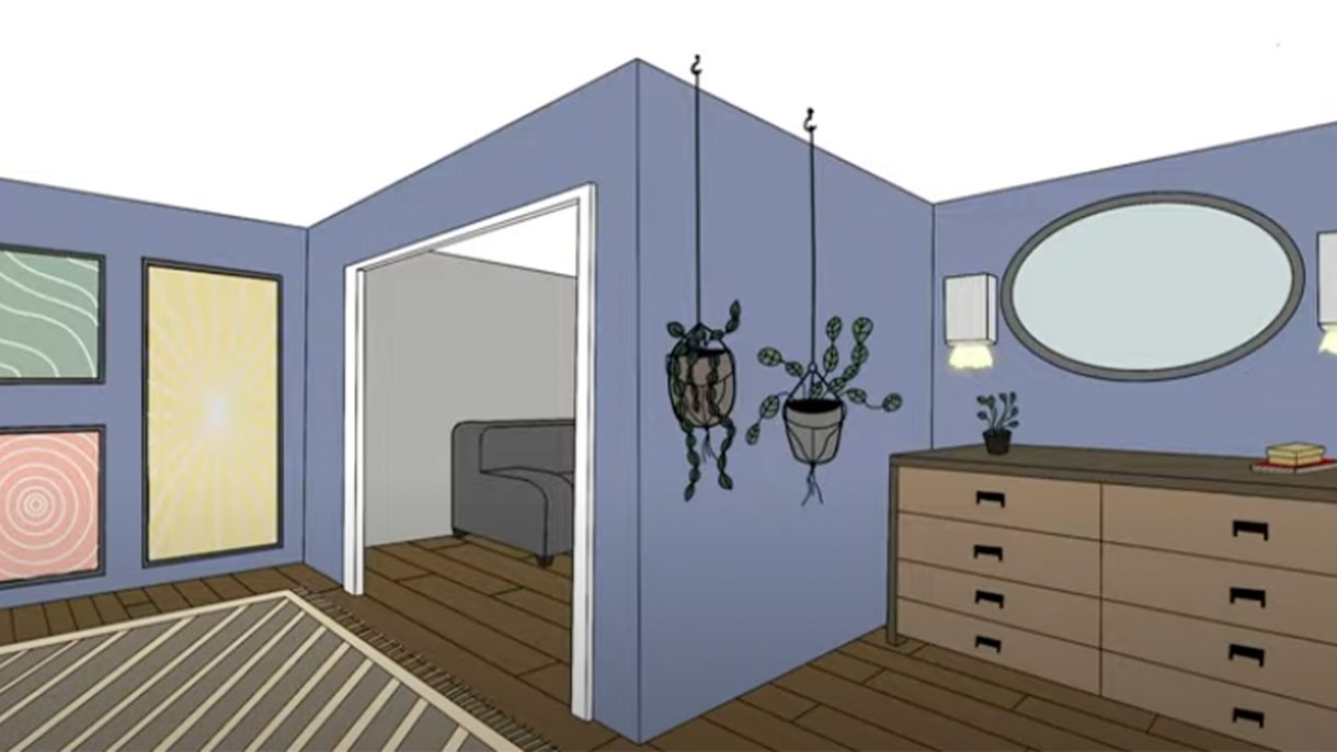 A digital interior drawing created by Maggie Burris, an undergraduate in Interior Architecture and Design at CCAD.