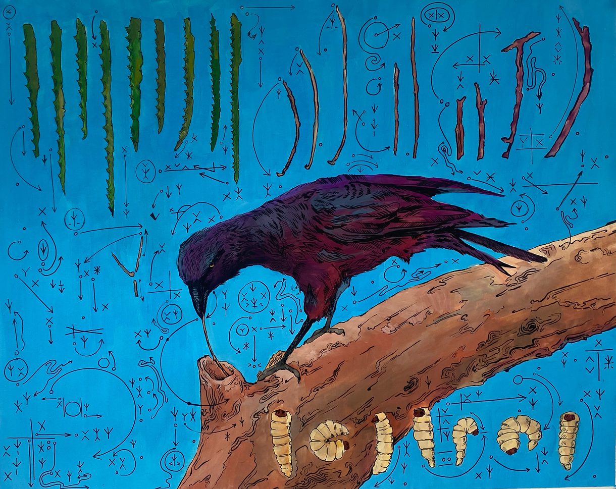 Piece titled "New Caledonian Crow" from Experimental Drawing by a Columbus College of Art & Design Fine Arts student. The work features a blue background with various lines, and a black crow perched on a brown tree branch in the foreground.