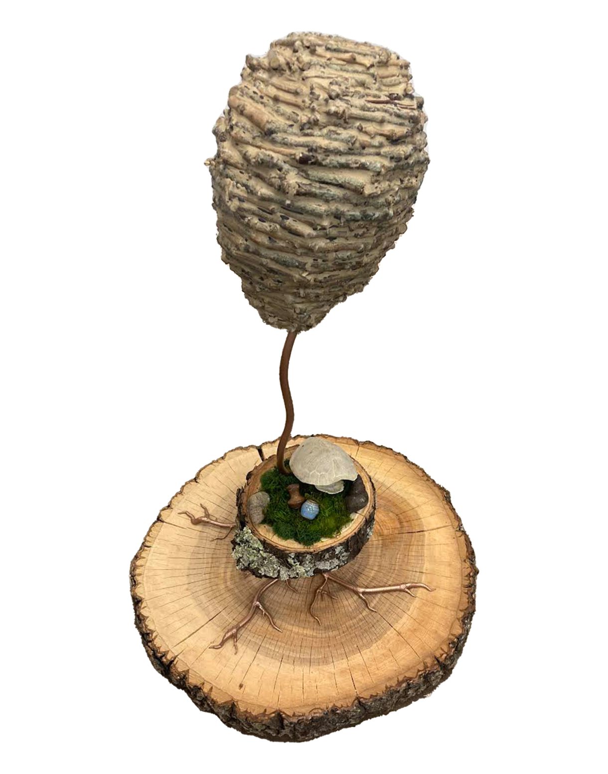 Piece titled "Hidden in the Holler" by a Columbus College of Art & Design Fine Arts student. The work features organic materials, including a tree stump, roots, and moss, with a beehive-like structure secured above by a single piece of material.