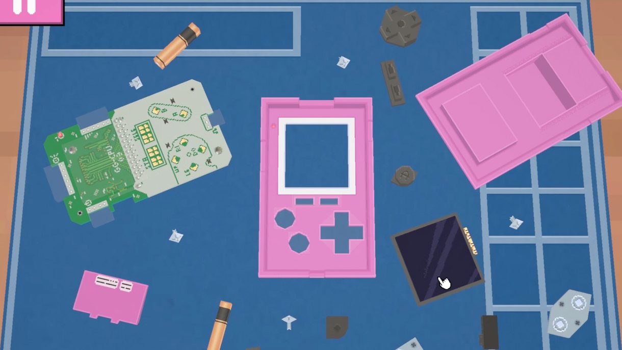 Still from "Ayla's Repair Shop," designed by a Columbus College of Art & Design Game Art & Designstudent. The image features a blue background with various pieces of a pink handheld game system laid out, including a memory card and batteries.