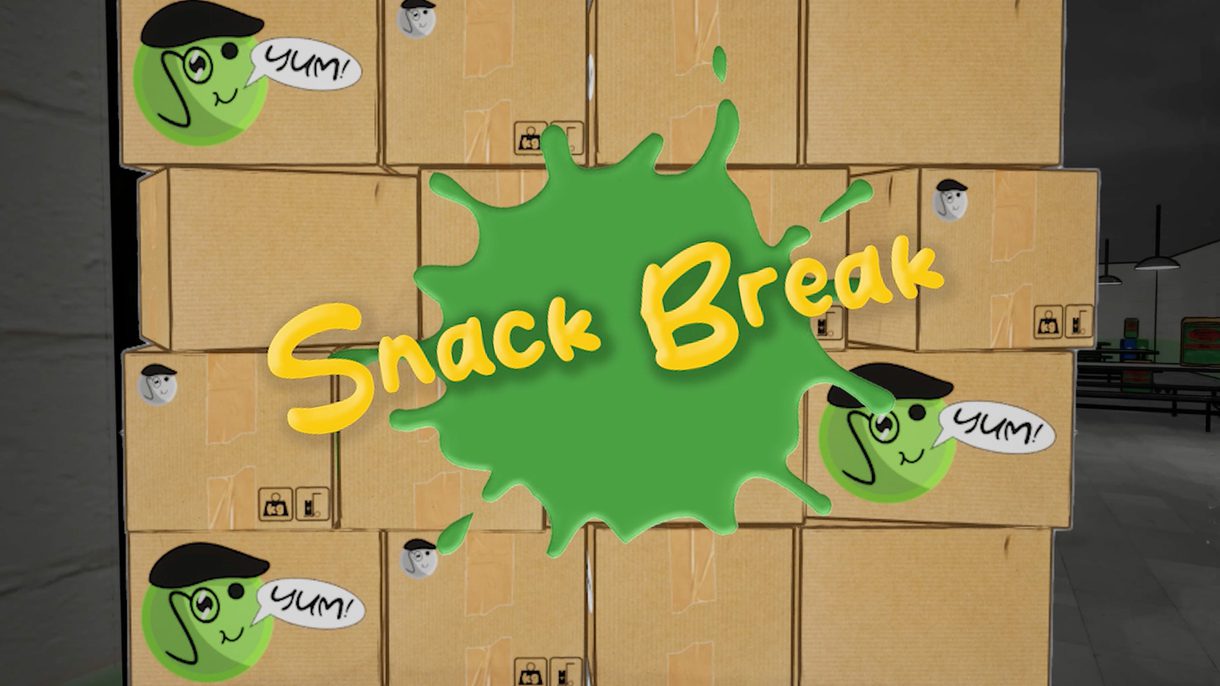Still from "Snack Break," designed by a Columbus College of Art & Design Game Art & Design student. The image features the title in yellow text against a backdrop of green slime. The background consists of cardboard boxes, some with large green circles containing a smiley face wearing a monocle and beret, along with a text bubble that says "Yum!"