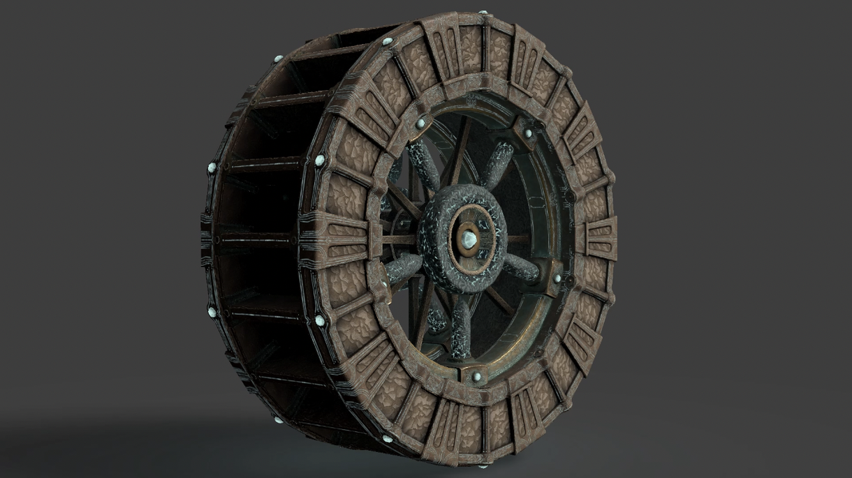 A 3D model of a waterwheel created by Taylor Smith, an undergraduate in Game Art and Design at CCAD.