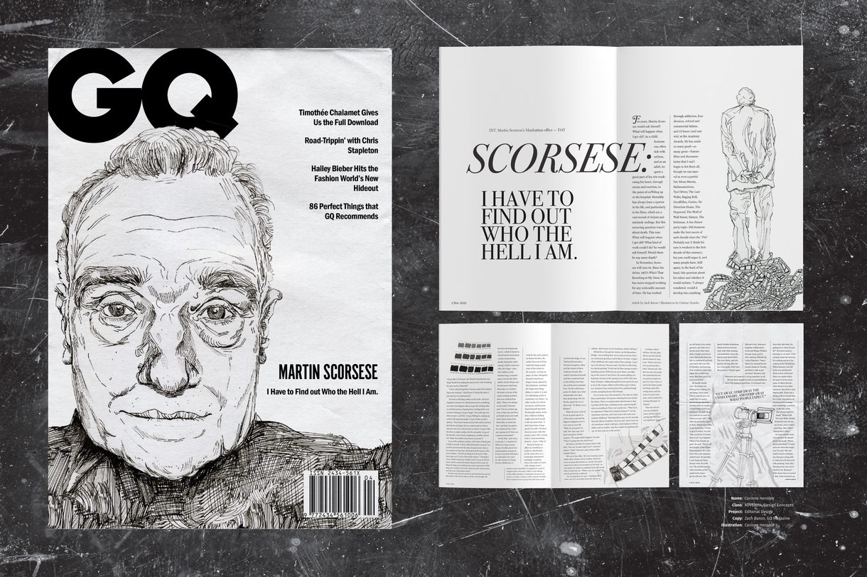 GQ editorial design by a Columbus College of Art & Design Graphic Design student featuring a black and white illustration of Martin Scorsese with the quote "I have to find out who the hell I am."