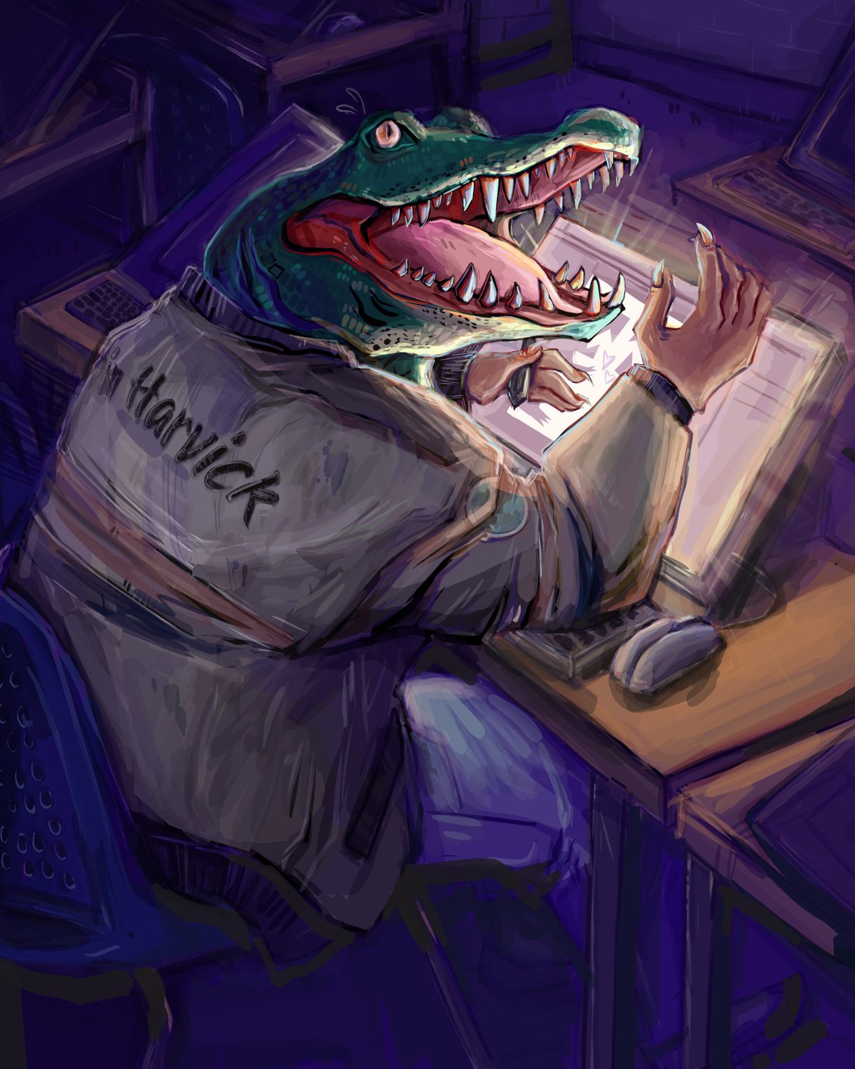 Digital painting by a Columbus College of Art & Design Illustration student. The artwork depicts a figure with a human body and alligator head, facing the viewer while working on a digital illustration.
