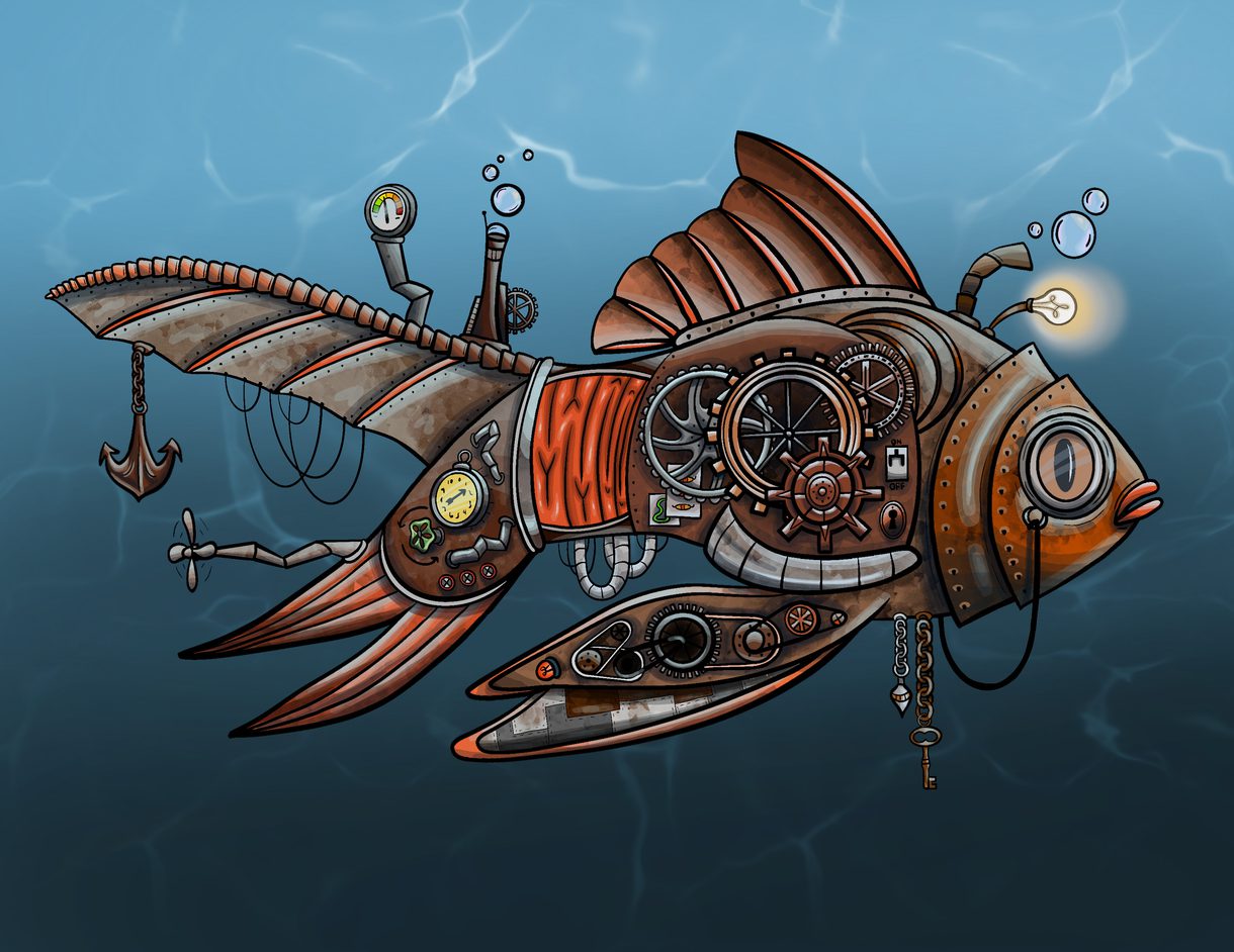 Digital painting by a Columbus College of Art & Design Illustration student. The artwork features a steampunk goldfish against a blue water background.