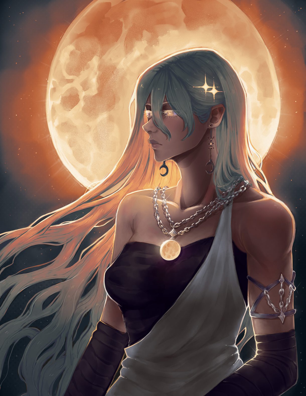 Illustration titled "Shell for Victory" by a Columbus College of Art & Design student. The artwork depicts a figure with long hair and glowing eyes standing in front of a full moon.