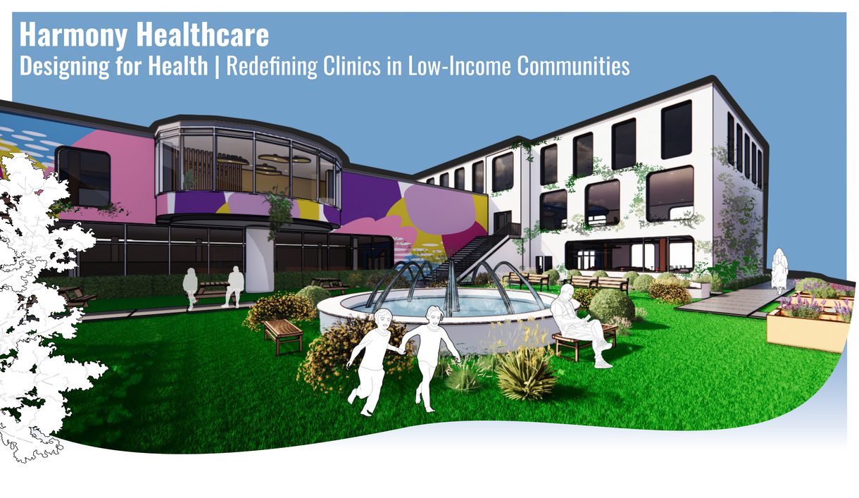 3D rendering of the exterior of "Harmony Health," a design for health clinics redefining care in low-income communities, created by an Interior Architecture & Design student at Columbus College of Art & Design.