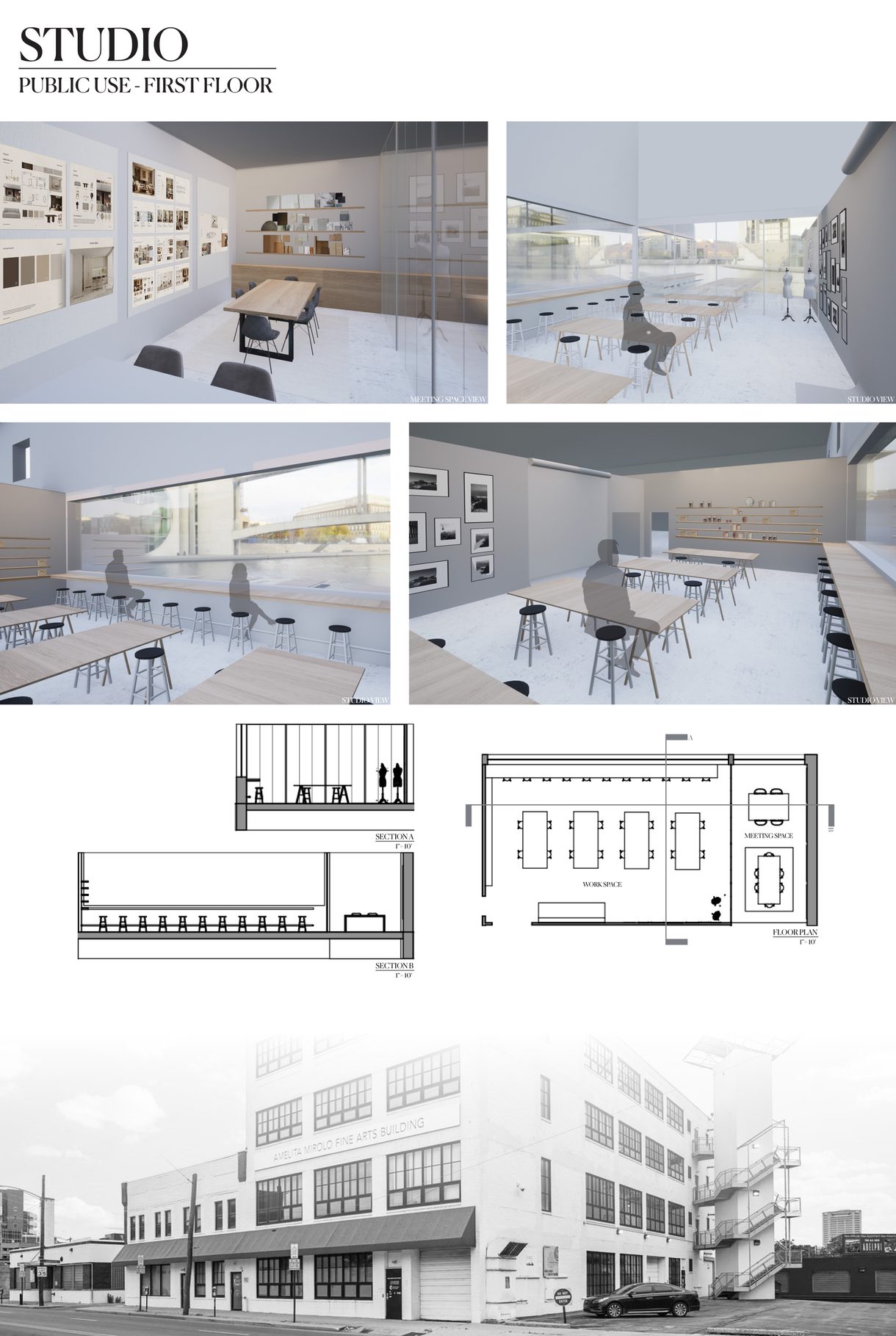 Digital drawing and rendering of student housing interior and exterior, created by an Interior Architecture & Design student at Columbus College of Art & Design.