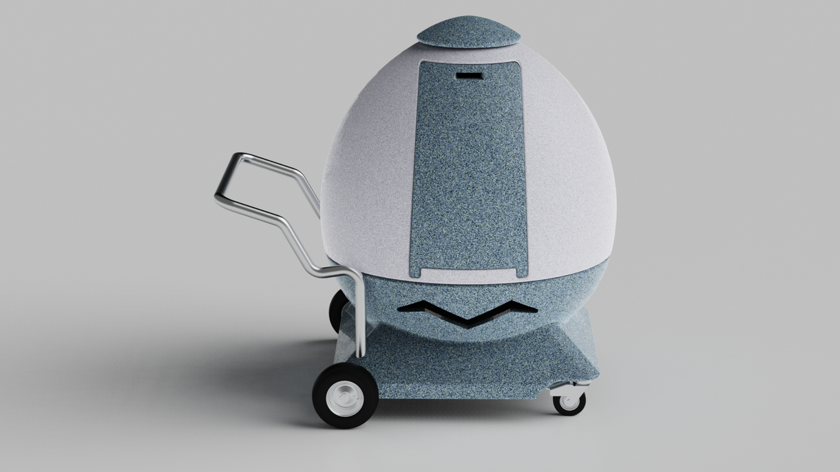 A 3D rendering of a white and blue chicken coop on a rolling cart.